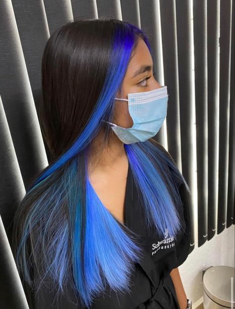 Blue Halo Hair Color, Blue Halo Hair, Halo Hair Dye Style, Long Black Hairstyles, Halo Hair Colors, Under Hair Dye, Aesthetic Surgeon, Blue Brown Hair, Hair Dye Videos