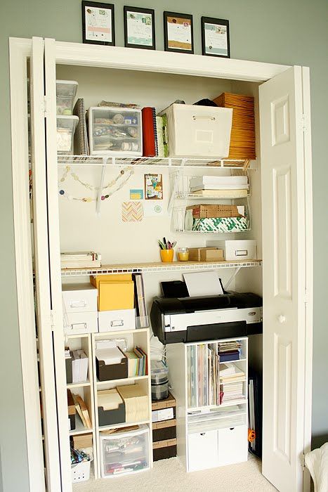 Small office/craft closet - I need to do this to our office closet. Not because it's small, but because I crave organization!! :) Office Closet Organization, Small Office Organization, Organized Home Office, Closet Office Organization, Diy Office Organization, Craft Closet Organization, An Organized Home, Home Office Closet, Office Closet