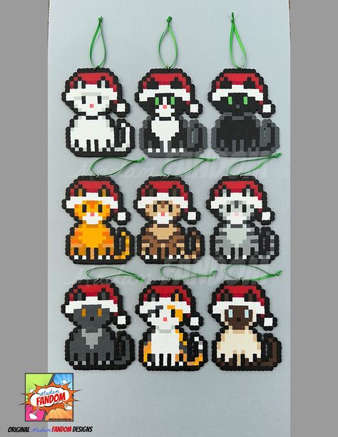 "Our HANDMADE Cat Christmas Ornaments are perfect for your CHANGE tree, or as unique gifts for your family, friends, classmates, and coworkers. ★ Each character is ORIGINAL Madam FANDOM Pixel FanArt! I pride myself on creating my own bead patterns - not relying on pre-made patterns created by others - so that I can offer you a truly unique item to gift to friends, or treat for yourself! M E A S U R E M E N T S ∙ (w x h) ▪Each cat measures 3 1/2\" x 4 1/4\" M O R E ∙ D E T A I L S ★ Each ornament Pixel Art For Perler Beads, Perler Bead Patterns Ornaments, Christmas Cat Perler Beads, Xmas Perler Beads, Taco Perler Bead Patterns, Hama Christmas Ornaments, Perler Bead Patterns Coster, Goat Perler Bead Pattern, Christmas Bead Art