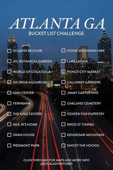 Atlanta Bucket List Challenge // Local Adventurer #atlanta #georgia #discoveratl #atl #localadventurer #usa Atlanta Bucket List, Georgia Bucket List, Bucket List Challenge, Things To Do In Atlanta, Atlanta Travel, Visit Atlanta, Visit Georgia, Georgia Vacation, List Challenges