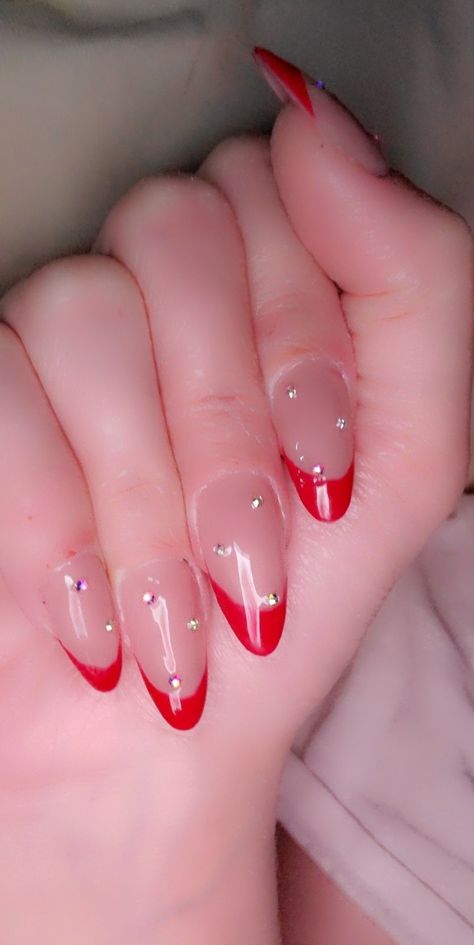 Blood red tips, diamond dots on a mocha base Jel Extension Nail Art, Red Nail Extensions Designs, Red Nails Gel Extension, Inbuilt Nail Art Extension, Nail Extension Designs Coquette, Gel Nail Extensions, Gel Extensions, Nail Extensions, Gel Nail