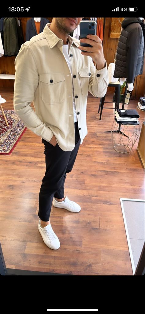 Beige Men Jacket Outfit, Beige Trucker Jacket Outfit Men, Mens Cream Jacket Outfit, White Jacket Outfit Men Aesthetic, Mens Shirt Jacket Outfit, Beige Denim Jacket Outfit Men, Beige Button Up Shirt Outfit Men, Sobrecamisa Hombre Outfit, Beige T Shirt Outfit Men