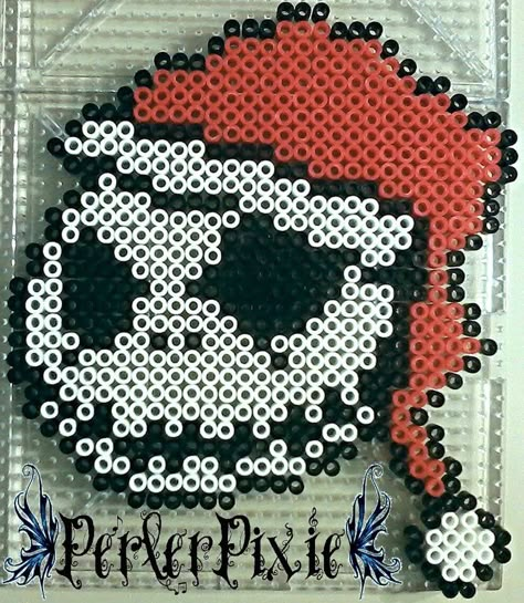 Santa Hat Jack Skellington perler beads by PerlerPixie on DeviantArt Jack Skellington Perler Bead Pattern, Jack Skellington Perler Beads, Nightmare Before Christmas Perler Beads, Perler Beads Designs Pattern, Alien Perler, Melty Beads Patterns, Perler Christmas, Trippy Alien, Perler Pattern