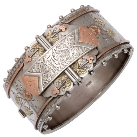 One of the most beautiful things I've seen in a while..."Think of Me" Superb Victorian Cuff Bracelet-circa 1860 Jean Louis Scherrer, Gold Cuff Bracelet, Victorian Jewelry, Silver Cuff Bracelet, Antique Jewellery, Silver Cuff, Coco Chanel, Silver And Gold, Cuff Bracelet