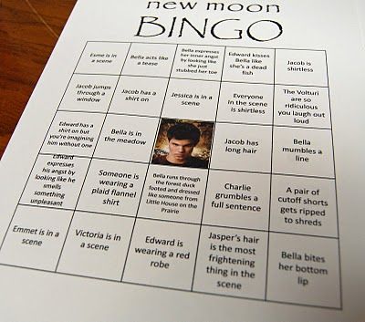 Twilight Themed Sleepover, New Moon Drinking Game Twilight, Twilight Game Ideas, Twilight Movie Themed Snacks, Twilight Movie Marathon Ideas, Twilight Themed Party Games, Twilight Bingo, Twilight Themed Bachelorette Party, Twilight Marathon Party Ideas