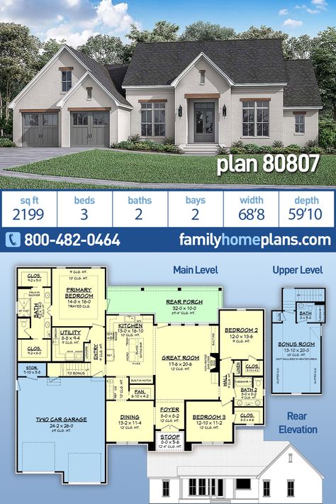 Farmhouse, French Country House Plan 80807 with 3 Beds, 2 Baths, 2 Car Garage House Plans 1800 Sq Ft Open Concept, 2000 Sq Ft House Plans 3 Car Garage, Split Floor Plans Open Concept, House Plans 2000 Sq Ft Open Floor, 3 Bedroom Ranch House Plans, 2 000 Sq Ft House Plans Open Floor, 2000 Square Foot House Plans Open Floor, House Plans With Butlers Pantry, 3 Bed 2.5 Bath Open Floor Plans