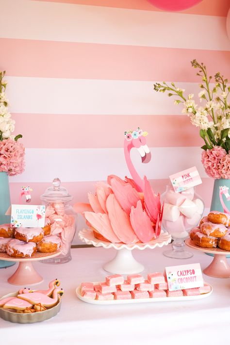 Flamingo Third Birthday Party, Boho Flamingo Party, Flamingo Second Birthday Party, Flamingo Birthday Party Food, Flamingo First Birthday Party, Flamingo Birthday Theme, Pink Dessert Table, Flamingo First Birthday, Pink Flamingo Birthday