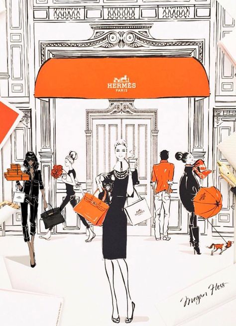 #Hermes by @meganhess_official| Be Inspirational ❥|Mz. Manerz: Being well dressed is a beautiful form of confidence, happiness & politeness Sketches Vintage, Megan Hess Illustration, Kerrie Hess, Fashion Design Inspiration, Megan Hess, Graphisches Design, Hermes Orange, People Walking, Retro Mode