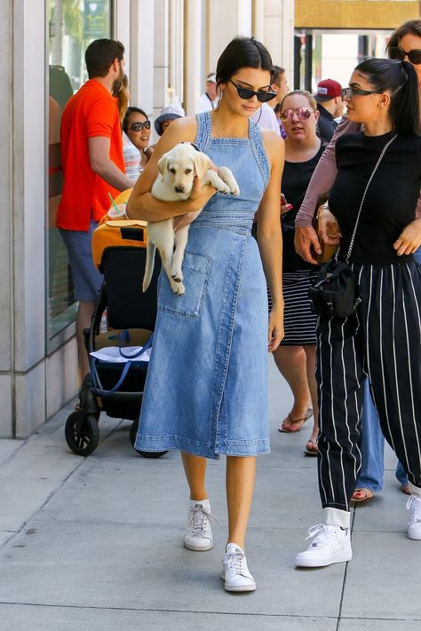 Kendall Jenner wearing a Stella McCartney Denim Wrap Apron Dress, Le Specs X Adam Selman The Last Lolita Sunglasses and Adidas by Raf Simons Stan Smith Sneakers Casual Denim Dress Outfit, Kendall Jenner Street Style Summer, Kendall Jenner Outfits Casual, Denim Sundress, Denim Dress Outfit, Casual Denim Dress, Denim Dress Summer, Kendall Jenner Street Style, Denim Street Style