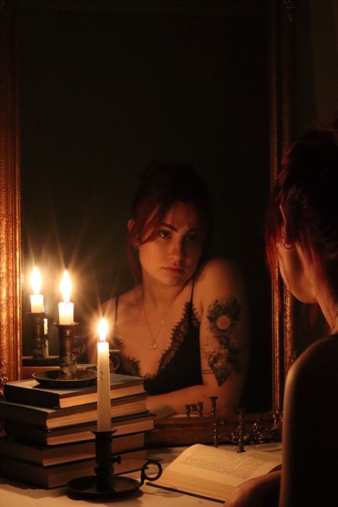 Photography Dark Academia Aesthetic, Dark Feminine Portrait Photography, Mirror Different Reflection, Candle Lighting Reference, Photography With Candles, Spooky Self Portrait Photography, Candle Lit Portrait, Mirror Reflection Photography Ideas, Dark Self Portrait Photography