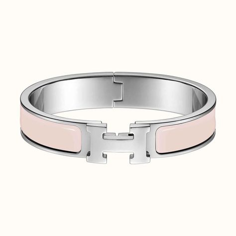 Hermes | Hermès Rose Cassata Pink Clic Clac Narrow Pm Bracelet H Bracelet, Hermes Bracelet, Silk Accessories, Enamel Bracelet, Silver Enamel, Bracelet Silver, White Enamel, Small Leather Goods, White Silver