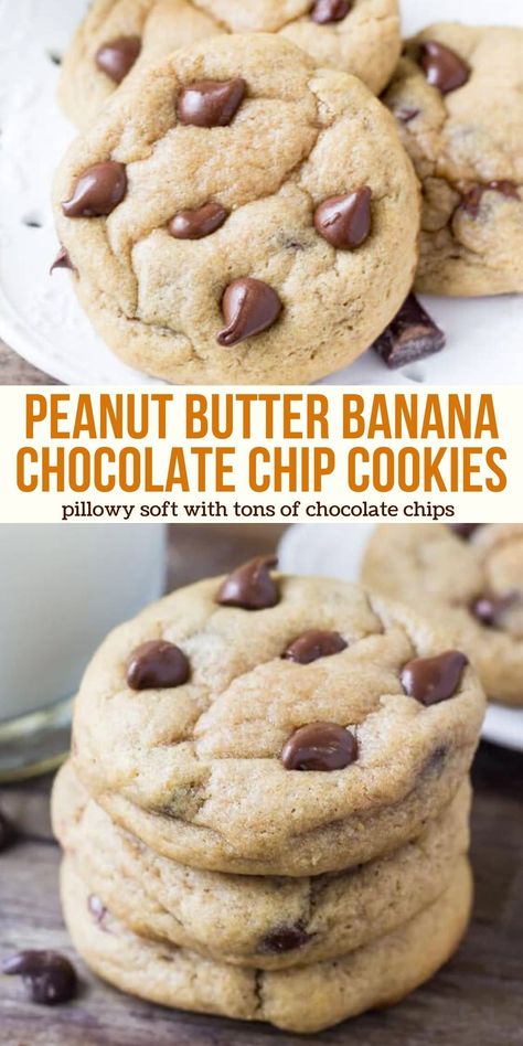 These peanut butter banana chocolate chip cookies are super soft with a delicious hint of banana bread and peanut butter in the flavor. #peanutbutterbanana #chocolatechip #bananacookies from Just So Tasty https://www.justsotasty.com/peanut-butter-banana-chocolate-chip-cookies/ Easy Peanut Butter Banana Cookies, Pb Banana Cookies, Peanut Butter Banana Chocolate Chip Cookies, Peanut Butter Oatmeal Banana Chocolate Chip Cookies, Peanut Butter And Banana Cookies, Banana Snickerdoodle Cookies, Banana Chocolate Chip Peanut Butter, Banana Cookie Recipes, Cookies Made With Bananas