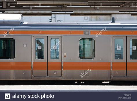 Orange stripe train Chuo Line Japanese train side view Stock Photo Subway Train Side View, Train Side View, Train Drawing, Orange Line, Subway Train, Train Car, Side View, Train Pictures, Side Door