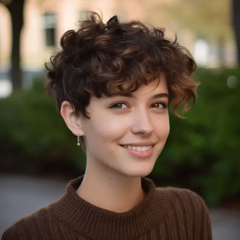 Undercut Short Curly Hair Women, Timeless Pixie Haircut, Short Curly Haircut For Round Faces, Pixie Haircut For Round Faces Curly, Cute Curly Pixie Hairstyles, Super Short Hair Round Face, Chocolate Brown Pixie Haircut, Round Pixie Haircut, Very Short Curly Hair With Bangs