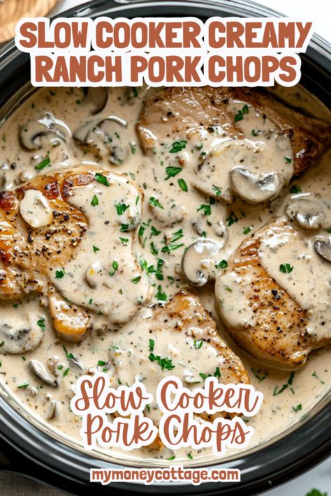 Slow Cooker Creamy Ranch Pork Chops - My Money Cottage Creamy Ranch Pork Chops, Creamy Ranch Sauce, Slow Cooker Pork Chops Recipes, Healthy Pork Chop Recipes, Ranch Pork Chops Crock Pot, Crockpot Side Dishes, Pork Chops And Rice, Pork Chop Recipes Crockpot, Pork Entrees