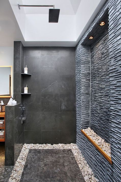 black stone and pebbles all around for a cool spa like look | Masculine bathroom, Diy bathroom remodel, Small basement bathroom Masculine Bathroom Decor Ideas, Masculine Bathroom Decor, Hidden Shower, Drømme Bad, Showers Without Doors, Masculine Bathroom, Doorless Shower, Balinese Decor, Open Showers