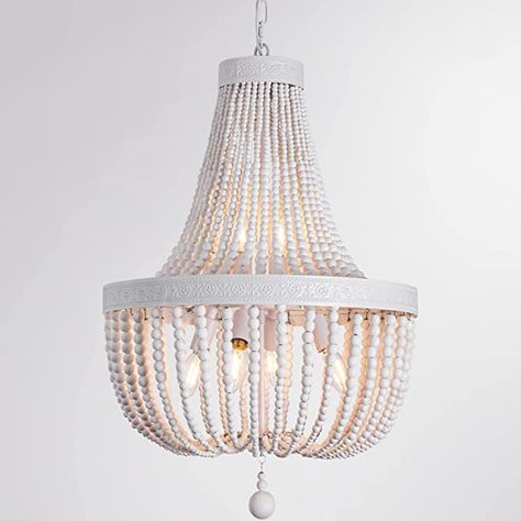 CHOOHUE 6-Lights Boho Wood Beaded Chandelier Farmhouse Rustic Pendant Light for Dining Room Kitchen Living Room Hallway Foyer Entryway, White, Dia 19" - - Amazon.com Bohemian Light Fixtures, Beaded Light Fixture, Wood Beaded Chandelier, Rustic Pendant Light, Boho Light Fixture, Wooden Bead Chandelier, Rattan Light Fixture, Wicker Pendant Light, Chandelier Farmhouse