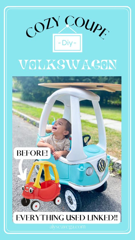 Vw Bus With Surfboard, Volkswagon Cozy Coupe, Surf Cozy Coupe, Painting A Cozy Coupe, Surfer Cozy Coupe, Coupe Car Makeover Diy, Diy Volkswagen Cozy Coupe, Vw Bus Cozy Coupe, Vw Bus Party Theme