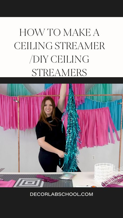 Balloon Ceiling Decor, Cloth Garland Diy, Streamer Diy, Diy Fringe Backdrop, Ceiling Decor Ideas, Balloon Ceiling Decorations, Party Ceiling Decorations, Ceiling Streamers, Tablecloth Backdrop