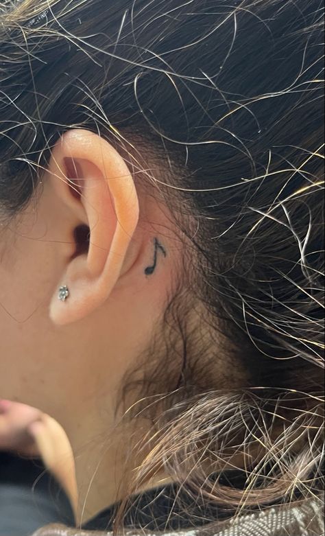 Behind The Ear Music Note Tattoo, Musical Note Tattoo Behind Ear, Small Music Note Tattoo Behind Ear, Behind Ear Tattoo Design, Treble Clef Tattoo Behind Ear, Music Saved Me Tattoo, Music Tattoo Ear, Music Note Ear Tattoo, Small Music Related Tattoos