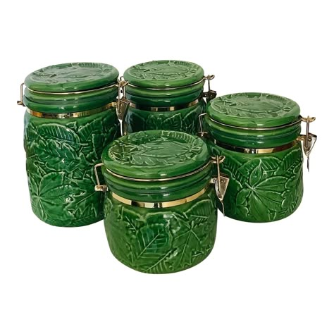 Andrea by Sadek Green Vintage Kitchen Storage Jars - Set of 4 | Chairish Cottage Core Kitchen Decor, Hobbit Kitchen, Green Vintage Kitchen, Golden Beetle, Kitchen Cottagecore, Trailer Inspiration, Vintage Kitchen Storage, Kitchen Storage Jars, Flat Kitchen