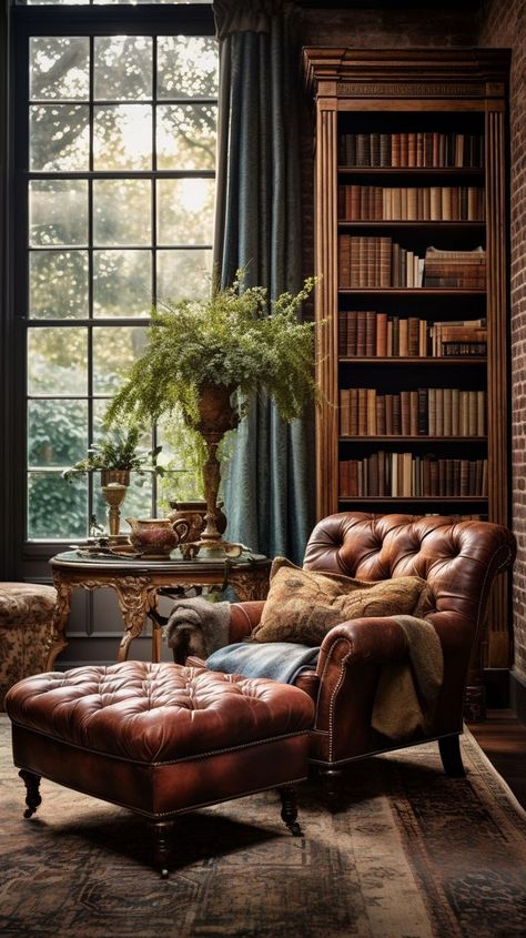 Parlor Ideas Living Rooms, Den Library Ideas, Vintage Library Decor Ideas, Dark Academia Reading Chair, Old Money Game Room, Moody Eclectic Decor Living Room, Dark Academia Reading Room, Library At Home Room Ideas, Library Room Ideas Vintage