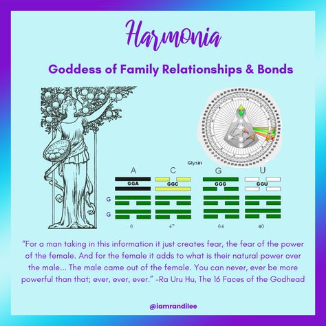 Harmonia is the 14th face of the Godhead in Human Design and the second face of the 3rd Quarter of Duality. In Greek mythology, Harmonia is the goddess of harmony and concord. In Human Design, she represents the goddess of family relationships and bonds. This face of the Godhead contains gates 40, 64, 47 and 6, which all code for the amino acid Glysine and form the Codon Ring of Alchemy. Harmonia is where the programming to focus on relationships comes from. #HumanDesign #Godhead Goddess Harmonia, Harmonia Goddess, Feng Shui Chart, Human Design System, All Codes, The Book Club, Lesson 1, January 2024, Amino Acid