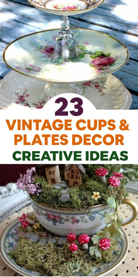 Enhance your home decor with a dash of old-school allure through creative DIY projects featuring vintage cups and plates! Upcycle assorted teacups into charming candle holders by placing tea lights inside. Use vintage saucers to showcase them elegantly or scatter the candles for a warm, inviting atmosphere. Embrace nostalgia and infuse your living space with a timeless, whimsical vibe. Let your home exude an enchanting ambiance that captivates both you and your guests. Diy Teacup Crafts Ideas, Uses For Old Tea Cups, Tea Cup Christmas Crafts, Tea Cup Crafts Ideas Diy Projects, Repurpose Tea Cups And Saucers, Diy Tea Party Decorations Dollar Stores, Christmas Tea Cup Crafts, What To Do With Old Tea Cups And Saucers, Tea Cup Repurpose Vintage Teacups