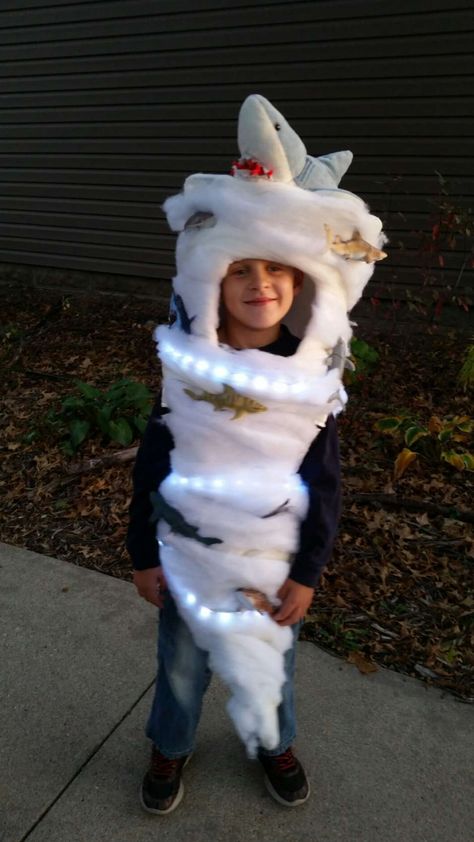 DIY kids entry: My son David is wearing the costume. As a family we watch the Sharknado movies each year. He can’t wait for Sharknado 5. When asked what he wanted to be for Halloween his answer was “a Sharknado”, so I seached the internet. This costume started with the directions found on “How-to sharknado … Diy Yeti Costume, Tornado Costume Kids, Diy Monster Costume, Diy Tornado Costume, Kids Monster Costume, Sharknado Costume, Weather Costumes, Tornado Costume, Sharknado Party