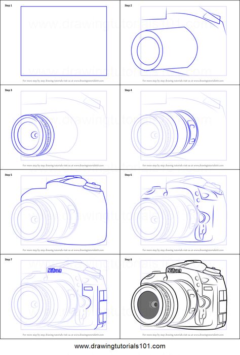 How to Draw Nikon DSLR Camera Printable Drawing Sheet by DrawingTutorials101.com Object Drawing Tutorials, Camera Drawing Art Creative, How To Draw A Camera Step By Step, Camera Sketch Drawings, How To Draw Camera, How To Draw A Camera, How To Draw Objects, Camera Evolution, Camera Drawing Sketches