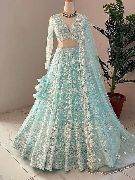 RPDF 1092-B SINGLES AVAILABLE 👗 LEHNGA:NET WITH CHAIN DESIGN WORK 👘 DUPTTA: NET WITH CHAIN DESIGN WORK WITH BOTH SIDE CHAIN WORK LACE BORDER 👕 BLOUSE: NET WITH CHAIN DESIGN WORK *UNSTITCHED BLOUSE 👚WAIST 44+ 🌷LENTH 42+ 👚FAIRE 2.50 mtr COLOUR -5 WHITE SKYBLUE CARDMOM LOWENDER GREY Blue Bridal Lehenga, Sky Blue Lehenga, Ceremonial Wedding, Wedding Lehenga Choli, Engagement Lehenga, Indian Wedding Lehenga, White Lehenga, Butterfly Net, Lehenga Wedding