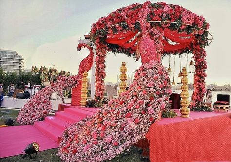 grand peacock mandap decoration Peacock Theme Backdrop, Mandap Decoration, Indoor Wedding Decorations, Goa Wedding, Night Wedding Decor, Wedding Ambiance, Peacock Wedding Theme, Wedding Stage Backdrop, Wedding Hall Decorations