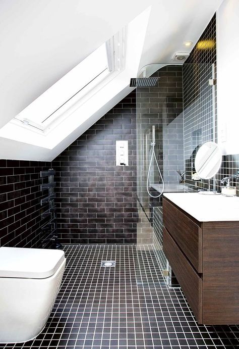 Planning on going up in the world? Be inspired by these clever attic conversion ideas and creative uses of roof space from all around the globe. Bathroom Pitched Roof, Loft Bathroom Ideas Sloped Ceiling, Small Loft Bathroom, Bathroom In The Attic, Loft Conversion Bathroom, Eaves Bathroom, Angled Bathroom, Tiny Attic Bathroom, Loft Bathroom Ideas