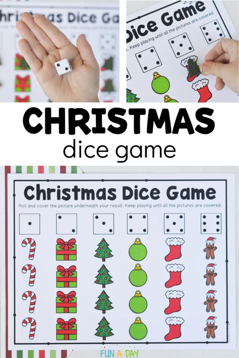 Grab this super low-prep, print-and-play Christmas dice game printable. It's perfect for preschool, pre-k, and kindergarten kids working on the concept of subitizing. Click on the Fun-A-Day.com link to request your copy of the printable Christmas game. Christmas Dice Game, Preschool Christmas Games, Kindergarten Christmas Party, Christmas Math Games, Free Christmas Games, Christmas Games To Play, Game For Preschool, Printable Math Games, Preschool Math Games