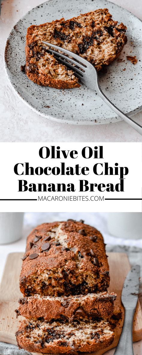 This Olive Oil Chocolate Chip Banana Bread is my best banana bread to date! Who knew olive oil would go so well with baked goods? #BananaBread #OliveOilBananaBread #BakedGoods #EasyBaking #HealthyBaking #HealthyBananaBread Almond Banana Bread, Baking With Olive Oil, Banana Bread Loaf, Chocolate Chip Bread, Chocolate Chip Banana, Healthy Banana Bread, Best Banana Bread, Loaf Recipes, Chocolate Chip Banana Bread