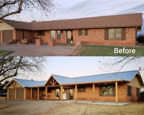 Added a front porch and silver metal roof to give our home a little more curb appeal! Added Front Porch To Ranch, Single Story Gable Roof House, Adding A Garage To The Front Of A House, Adding A Front Porch To A Ranch House, Silver Metal Roof Ranch House, Adding A Gable Roof Ranch Homes, Ranch House Covered Front Porch, Metal Roof On Ranch Style House, Adding Gable Roof Front Porches