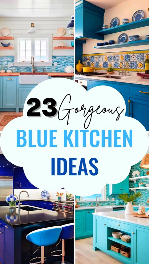 23 Inspiring Blue Kitchen Ideas for a Fresh and Stylish Space - Style Zuri Denim Blue Kitchen Walls, Navy And Turquoise Kitchen, Periwinkle Blue Kitchen, Blue Accents Kitchen, Blue Bar Stools Kitchen Island, Greek Interior Design Kitchen, Blue Kitchen Decorating Ideas, Small Blue Kitchen Ideas, Blue Kitchen Aesthetic