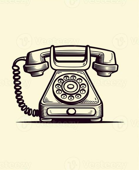 Classic Telephone Vector Illustration Telephone Drawing Sketch, Vintage Telephone Drawing, Rotary Phone Drawing, Vintage Phone Drawing, Rotary Phone Tattoo, Vintage Telephone Aesthetic, Old Phone Drawing, Telephone Sketch, Telephone Tattoo