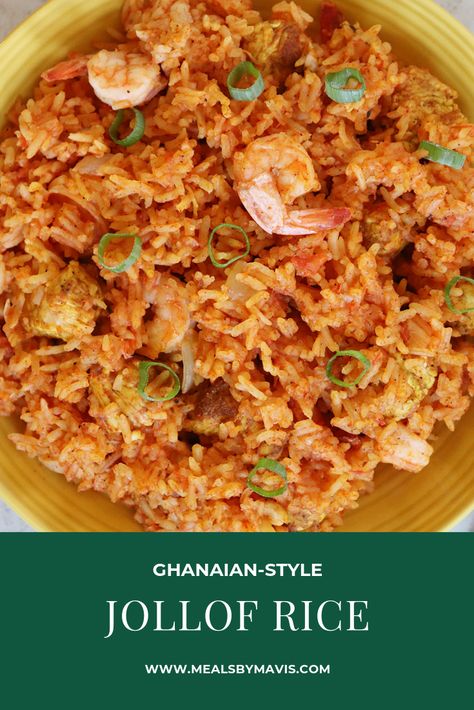 Jollof rice is a one-pot rice dish that is popular among West Africans. This Ghanaian version features basmati rice cooked with chicken and shrimp in a flavourful tomato-based sauce. #jollofrice #ghanaianfood #africanfood #rice Ghana Food, Ghanaian Food, West African Food, African Cooking, Jollof Rice, Chicken And Shrimp, Nigerian Food, Rice Dish, Caribbean Recipes