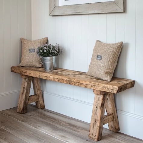 Upcycled Wooden Dining Bench Diy Farmhouse Entryway Bench, Homemade Entryway Bench, Diy Bench For Entryway, Small Wooden Bench Diy, Bench Entryway Diy, 2x4 Bench Diy, Diy Small Bench, Simple Wood Bench, Entryway Bench Diy