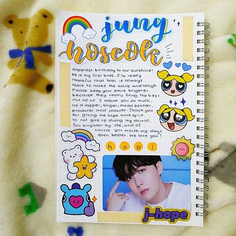 Jhope Journal Ideas, Jhope Journal, Bts Journal, Cute Scrapbooks, Bullet Journal Cover Ideas, Art Journal Resources, Pretty Journals, Bts Lyrics Quotes, Journal Spreads