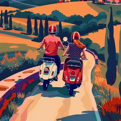 Nostalgia Art Illustration, Retro Love Aesthetic, Couple Poster Design, Couple On Vespa, Scooter Painting, Drive Illustration, Vespa Poster, Vespa Illustration, Vintage Italian Posters