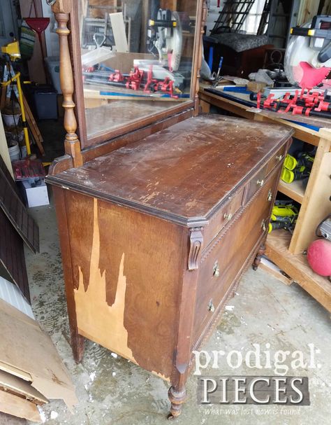 Antique Dresser with Damaged Veneer | prodigalpieces.com Antique Dresser Upcycle, Repainted Antique Dresser, Modernized Antique Dresser, Repurposed Dresser With Mirror, Upcycled Antique Dresser, Diy Antique Dresser, Refinish Veneer Dresser, Refinished Antique Dresser With Mirror, Old Dresser With Mirror Makeover