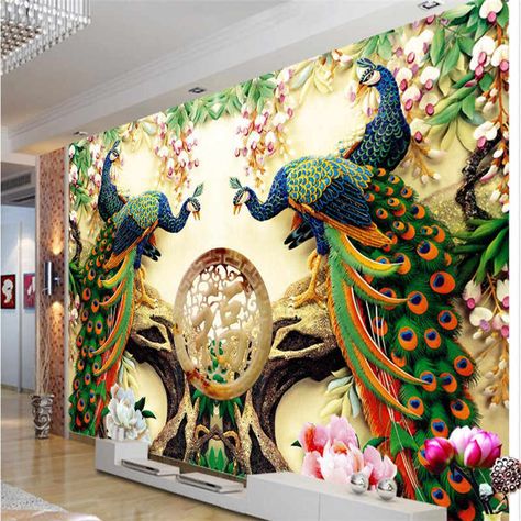 Peacock Living Room, China Wallpaper, Large Wall Paintings, Wallpaper Walls Bedroom, Peacock Wallpaper, Cheap Wallpaper, 3d Wall Painting, 3d Wallpaper For Walls, Modern Mural