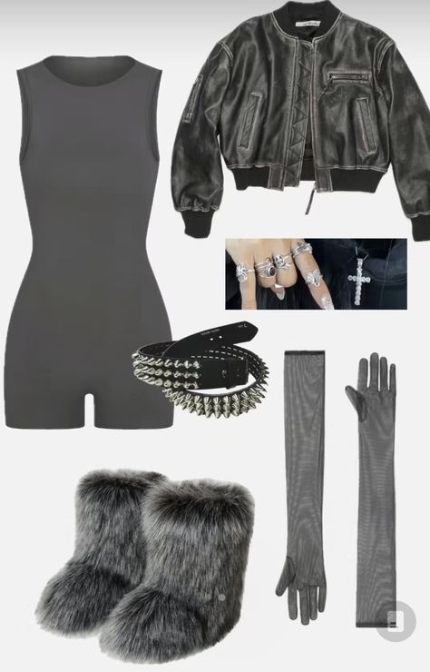 Skirt Boots Outfit, Playboi Carti Outfits, Fur Boots Outfit, Leather Jacket Fur, Fur Outfit, Core Fashion, Grunge Skirt, Jacket Fur, Fur Leather Jacket