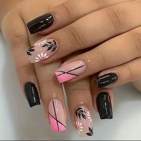 New Pictures Are Of The Set You Will Receive Length: Medium/Long Square Finish: Glossy Includes 24 Nails, Mini Nail Filer And Nail Tabs. Sizes Included: 0, 1, 2, 3, 4, 5, 6, 7, 8, 9 Good Fit For Large And Medium Hand Sizes. Check Out My Closet For More Press Nails Hot Pink Nails Acrylic Design, Hot Pink And Black Nail Designs, Short Pink And Black Nails, Cute Short Nail Sets Pink, Pink Nails With Black Design, Trendy Nails Autumn, Pink And Black Nail Art, Nails Color Black, Quince Hair