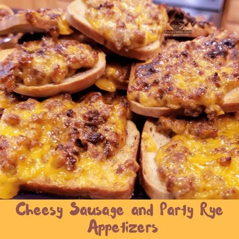 Sausage And Cheese On Rye Bread, Rye Bread Sausage Appetizer, Rye Bread With Sausage And Cheese, Rye Sausage Squares, Rye Bread Appetizer Snacks, Party Rye Pizza Recipe, Sausage And Velveeta On Party Rye, Rye Pizza Appetizers, Party Ryes Appetizers