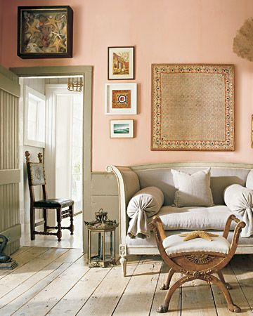 the mix of details in this antique sitting room is balanced well.  Gustavian, Edwardian, primitive, and modern live together with neutrals and pink.  and, just look at those starfish! Murs Roses, Romantic Interior, Living Colors, Peach Walls, Design Seeds, Interior Paint Colors, Design Del Prodotto, Pink Room, Bedroom Paint