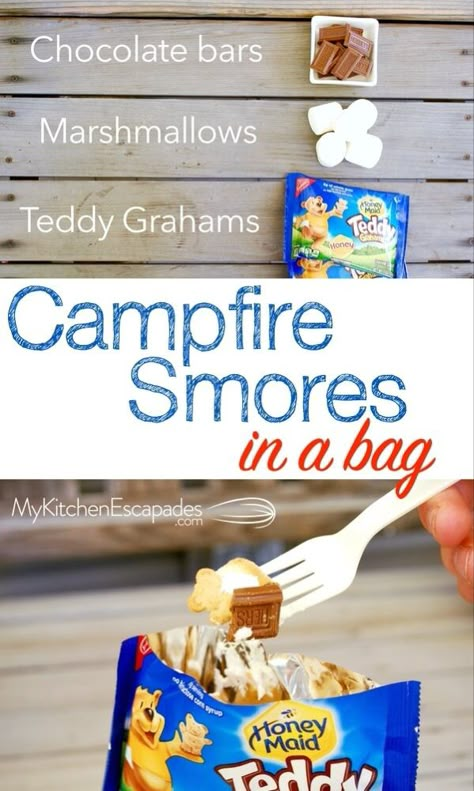 Campfire Smores in a Bag - Walking Bag Food, S'mores In A Bag Camping, Camping No Fridge, Teddy Grahams Ideas, S’mores Hack, Camp Fire Treats, Campfire Treats For Kids, Campfire Hot Dogs, Smores Without A Campfire