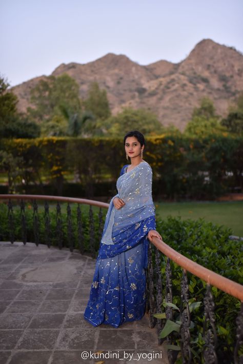 Rajputi Saree Look, Rajput Saree, Rajasthani Saree, Royal Saree, Ombre Saree, Royal Blue Saree, Layer Dresses, Rajasthani Bride, Party Saree